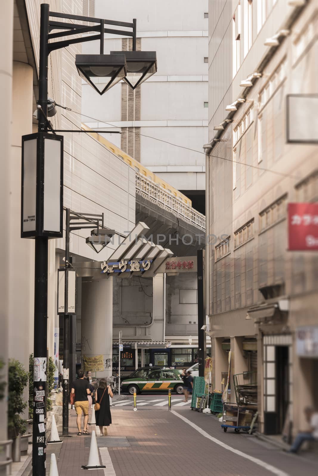 View of the portal of the Wave Street which marks the entrance to the Central District of Shibuya. It is located in front of the south exit of the shibuya station famous for its moai statue and runs along the south side of the Mark City building. The neighborhood contains a lot of streets atypical such as the Cerulean Tower Street, the Memories Street or the Plaza Street.