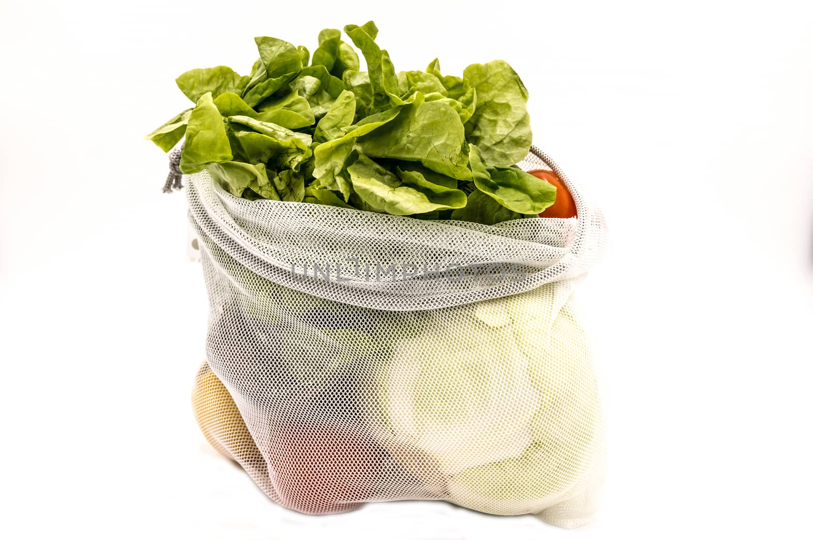 A profile view of vegetables and fruits in a reusable mesh bag on a white background