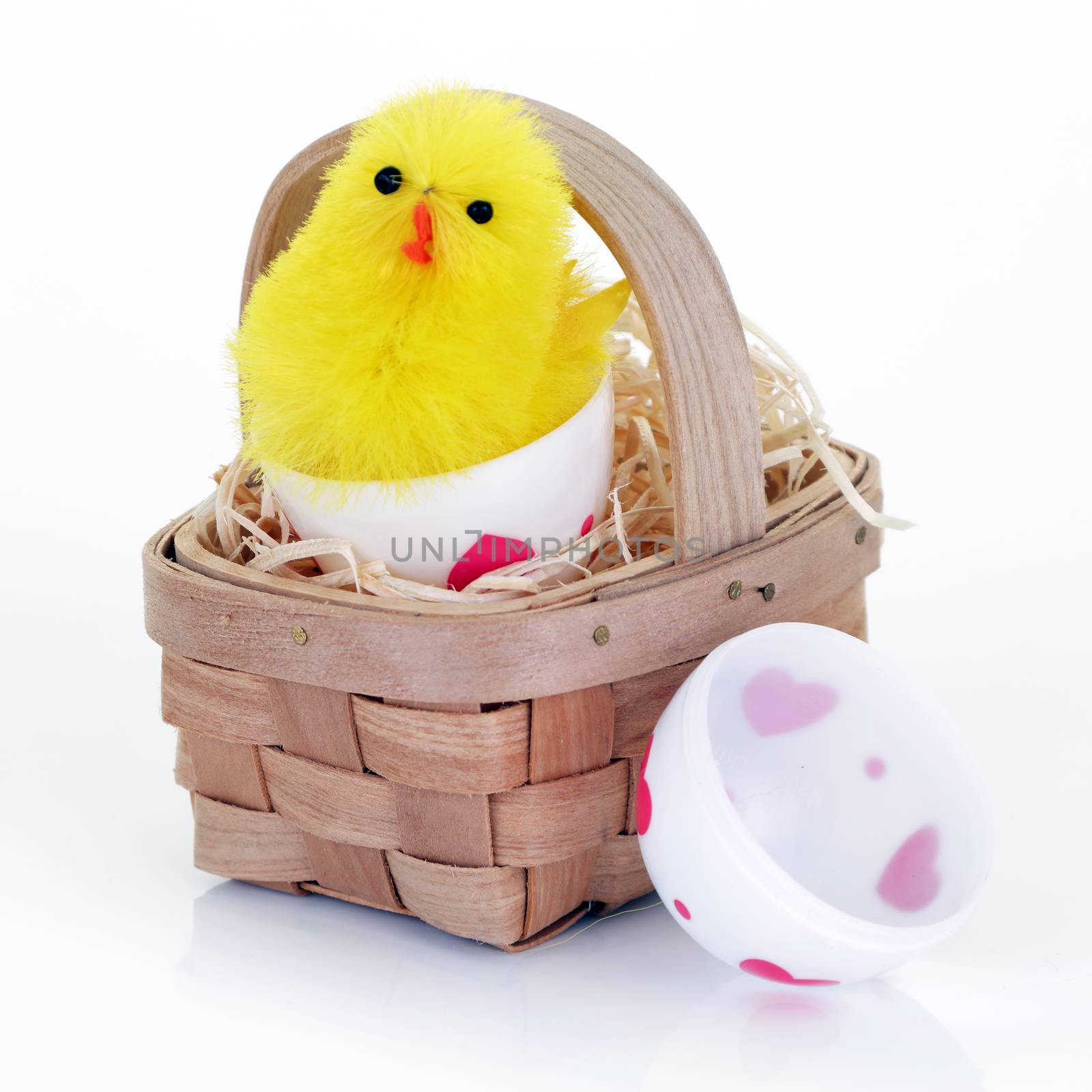 An Easter chick emerging from a toy easter egg