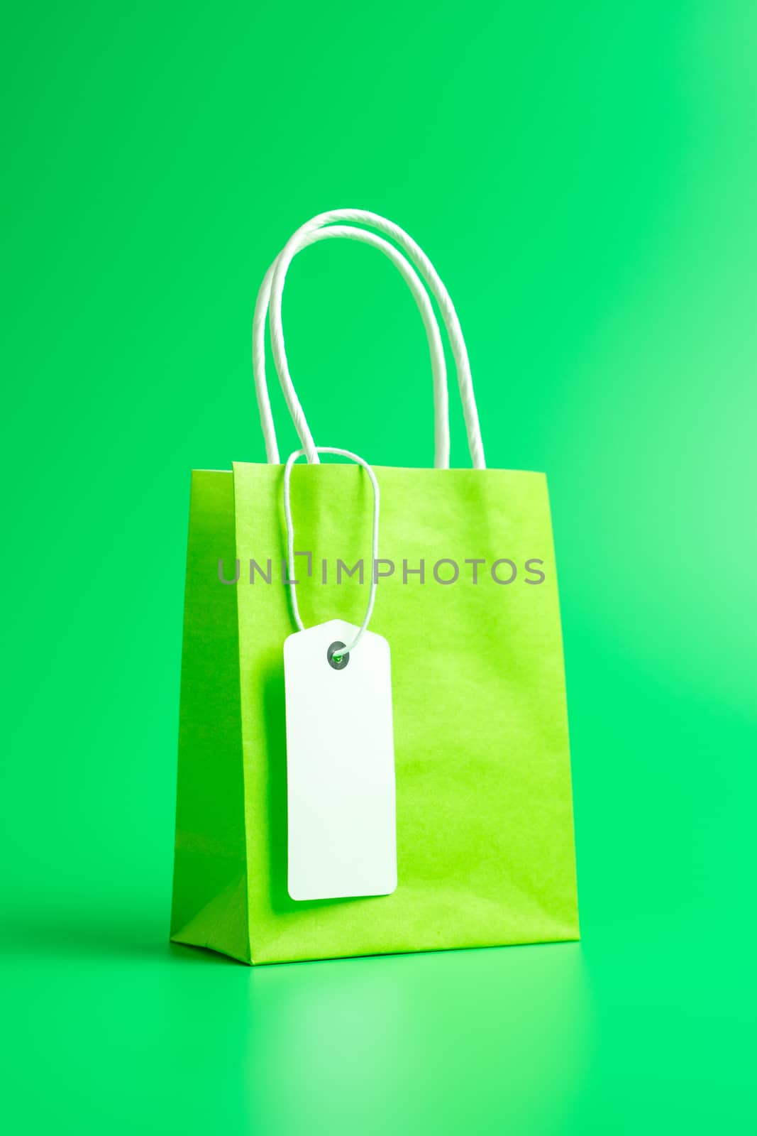 Green shopping or gift bag isolated on green background by Kenishirotie