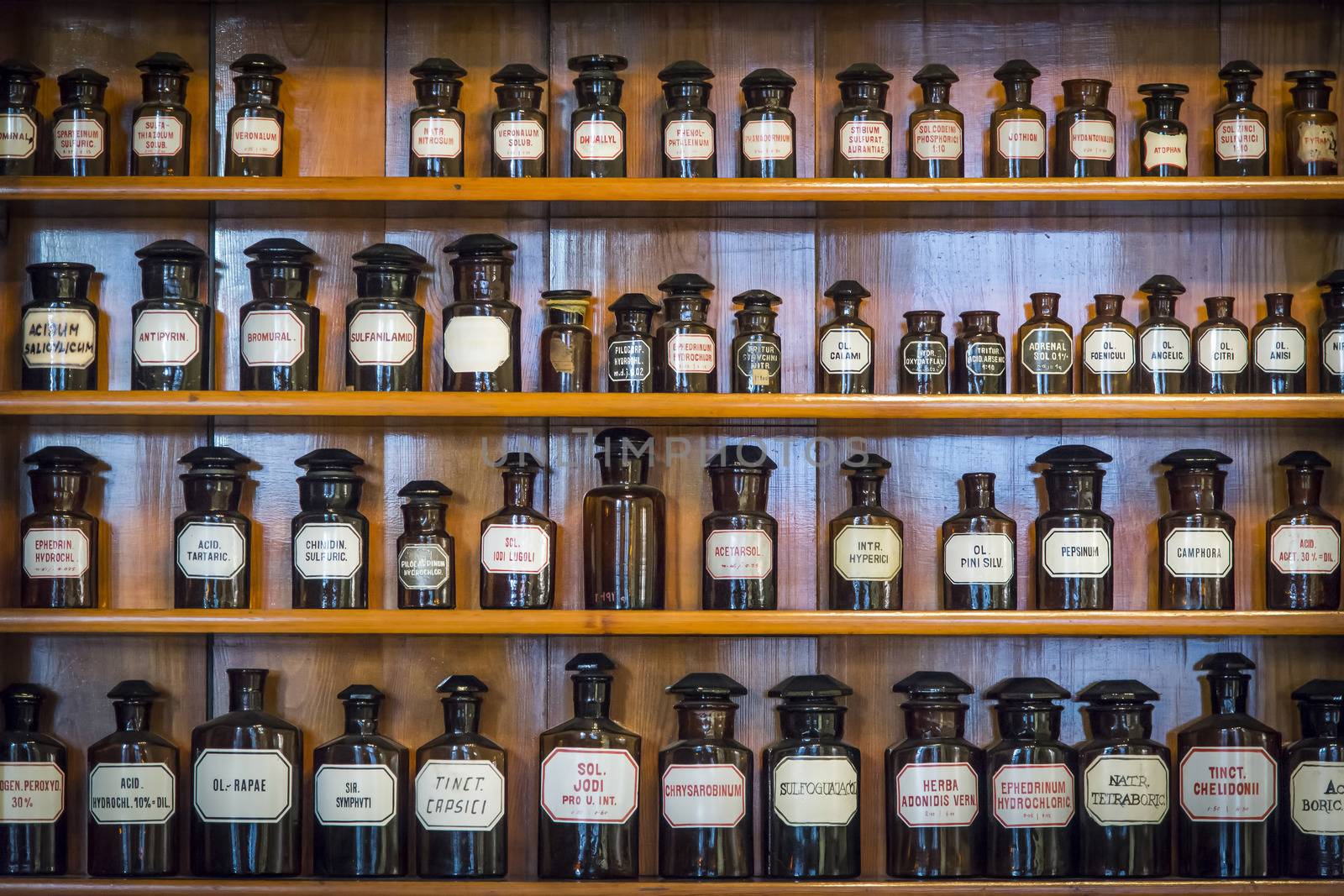 Old drug store - shelf with drug bottles