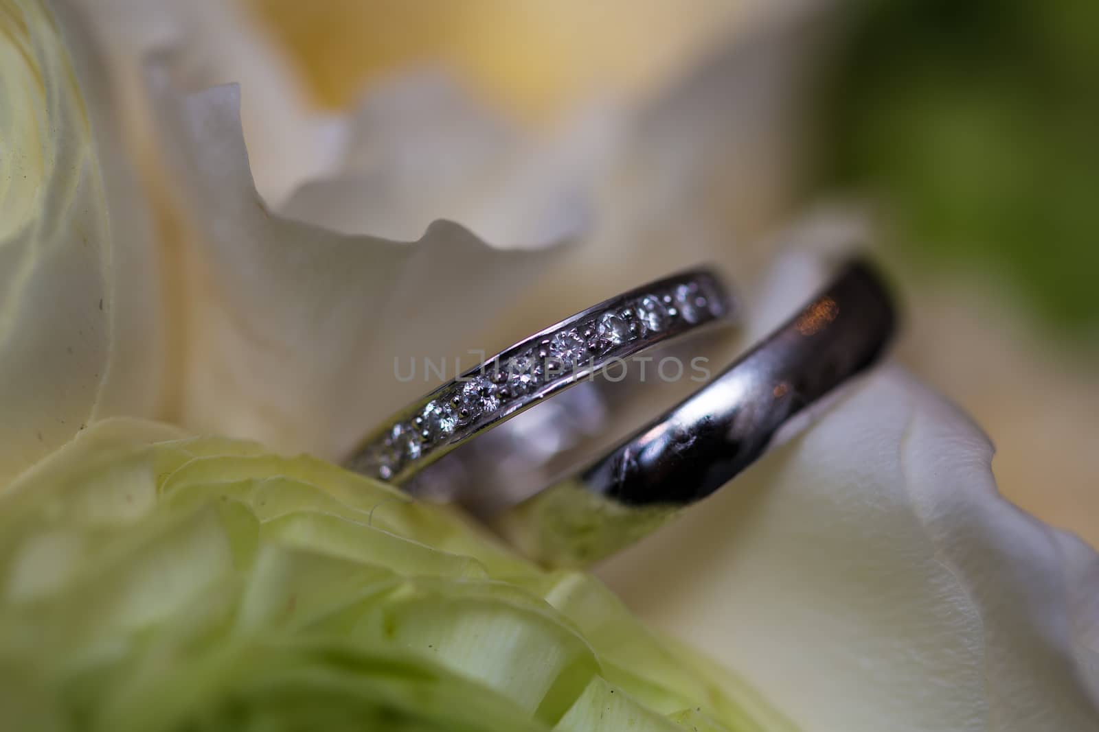 The wedding bouquet and silver rings. Shallow DOF.