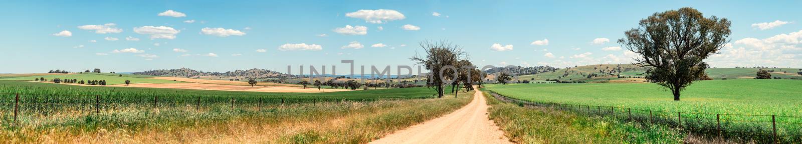 Dusty dirt road through rural countryside landscape panorama