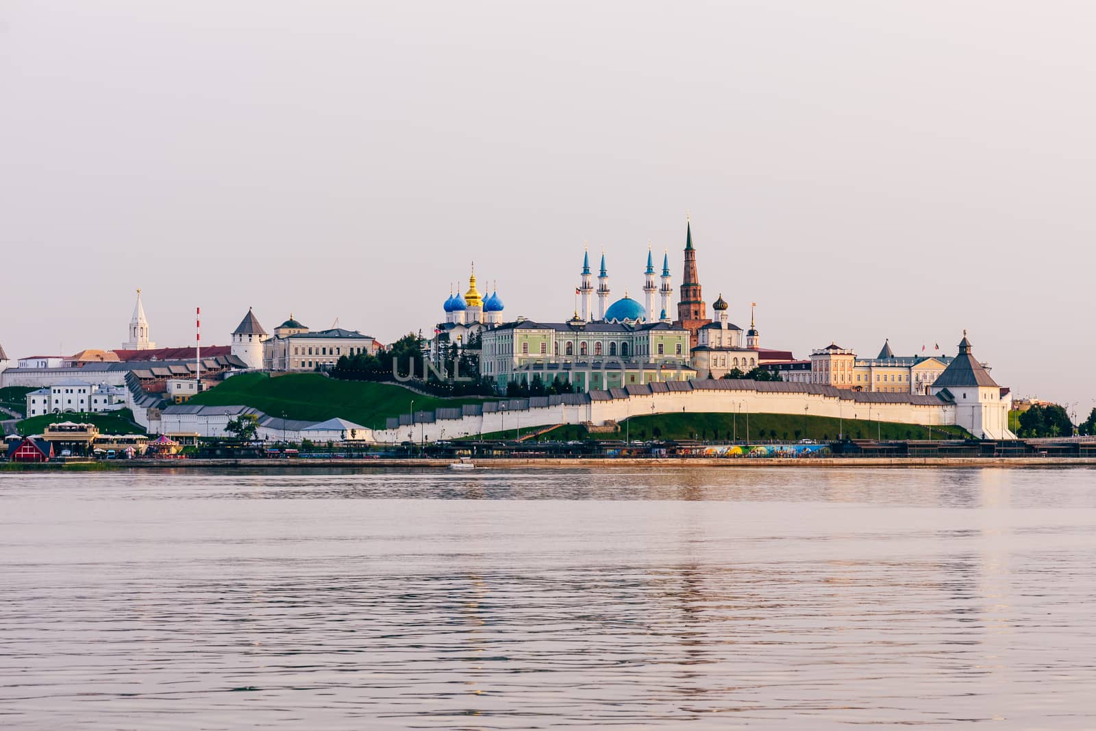 View of the Kazan Kremlin with Presidential Palace, Annunciation Cathedral, Soyembika Tower and Qolsharif Mosque from Kazanka River.