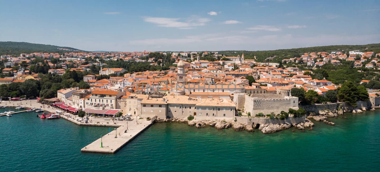 Aerial view of mediterranean coastal old town Krk, Island Krk, Croatia, EU.