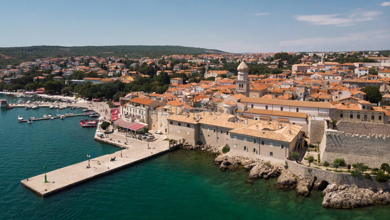 Aerial view of mediterranean coastal old town Krk, Island Krk, Croatia, EU.