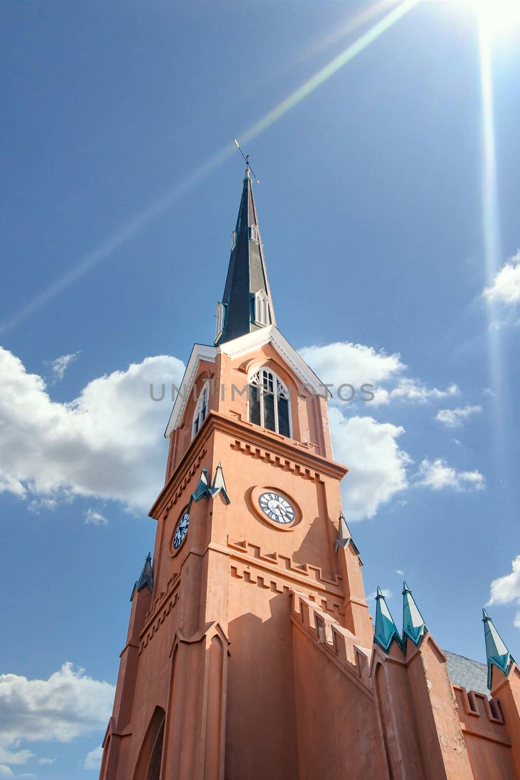 Clock in Steeple of Lutheran Church in South Carolina by dbvirago