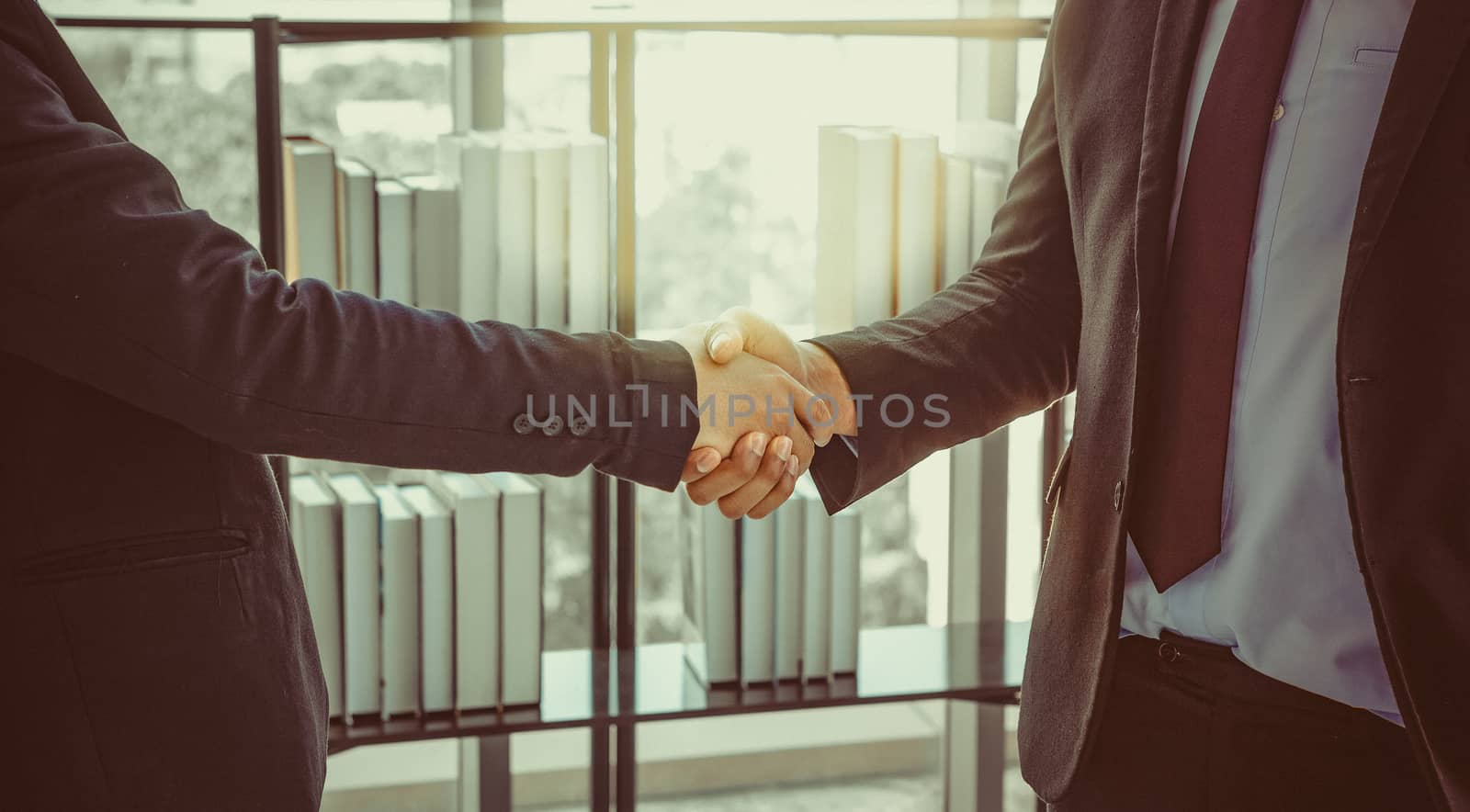 Two young businessmen shaking hands to celebrate in the office success with a turnover that exceeds corporate goals. Color in vintage look.