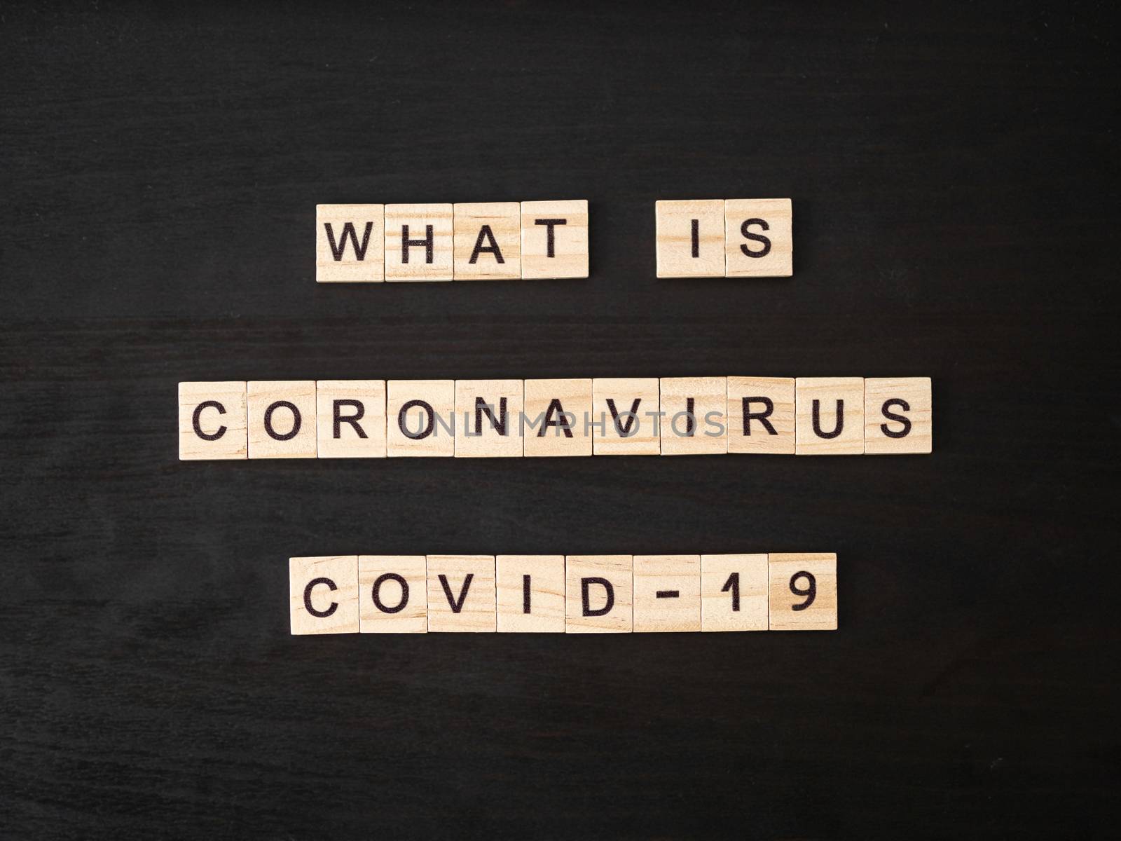 what is coronavirus COVID-19 words made of wood block. What is coronavirus COVID-19 text on dramatic atmosphere black wooden table. Coronavirus concept top view.