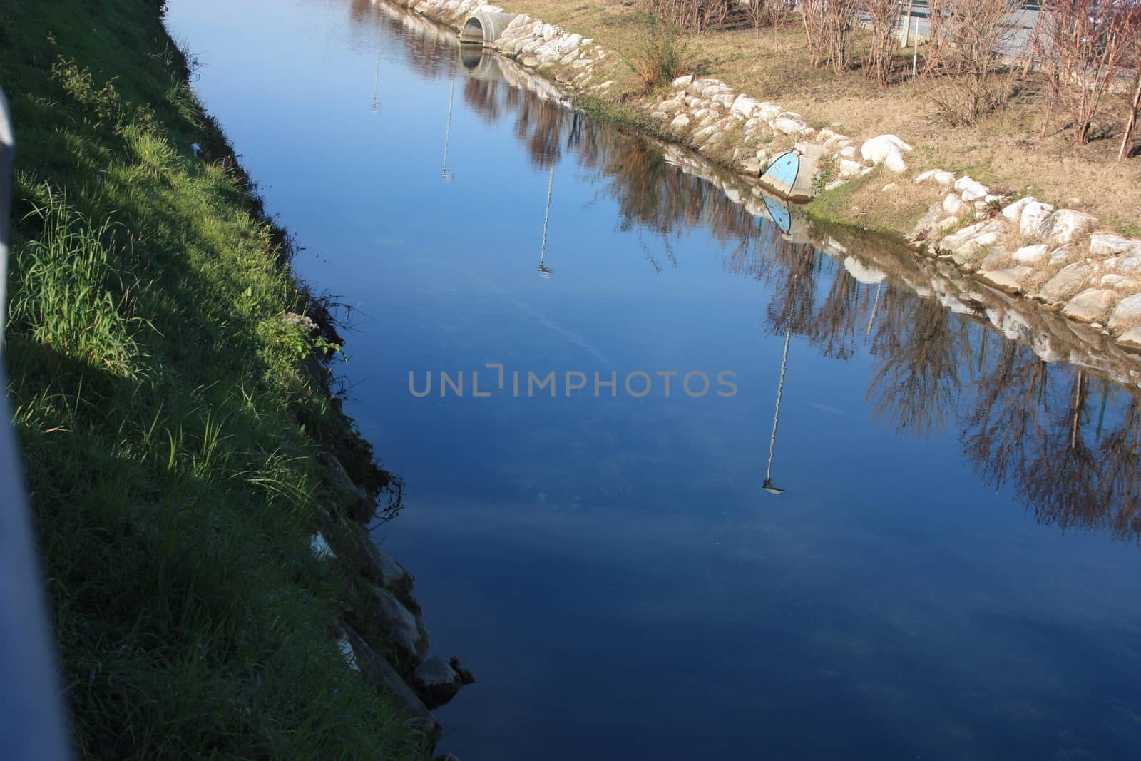 blue water of a pond or small river on the surface of which the reflection of the plants growing on the side is reflected into the wild