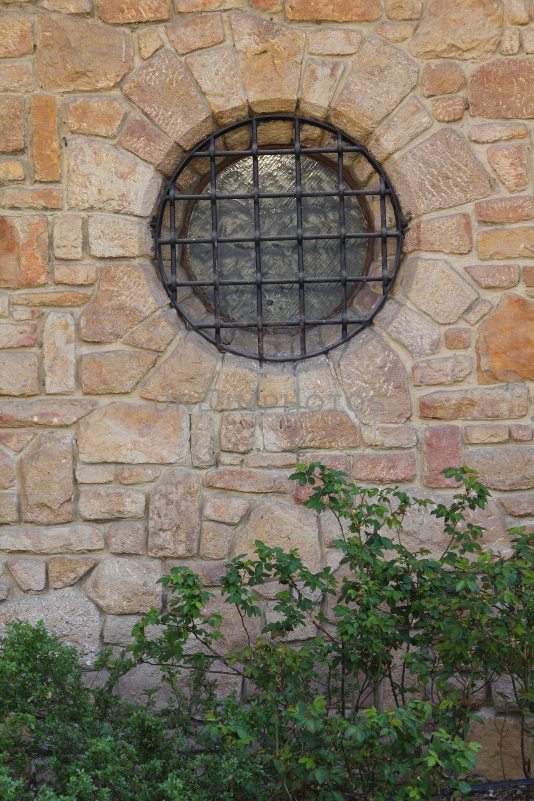 Medieval stone wall with round window with plant.