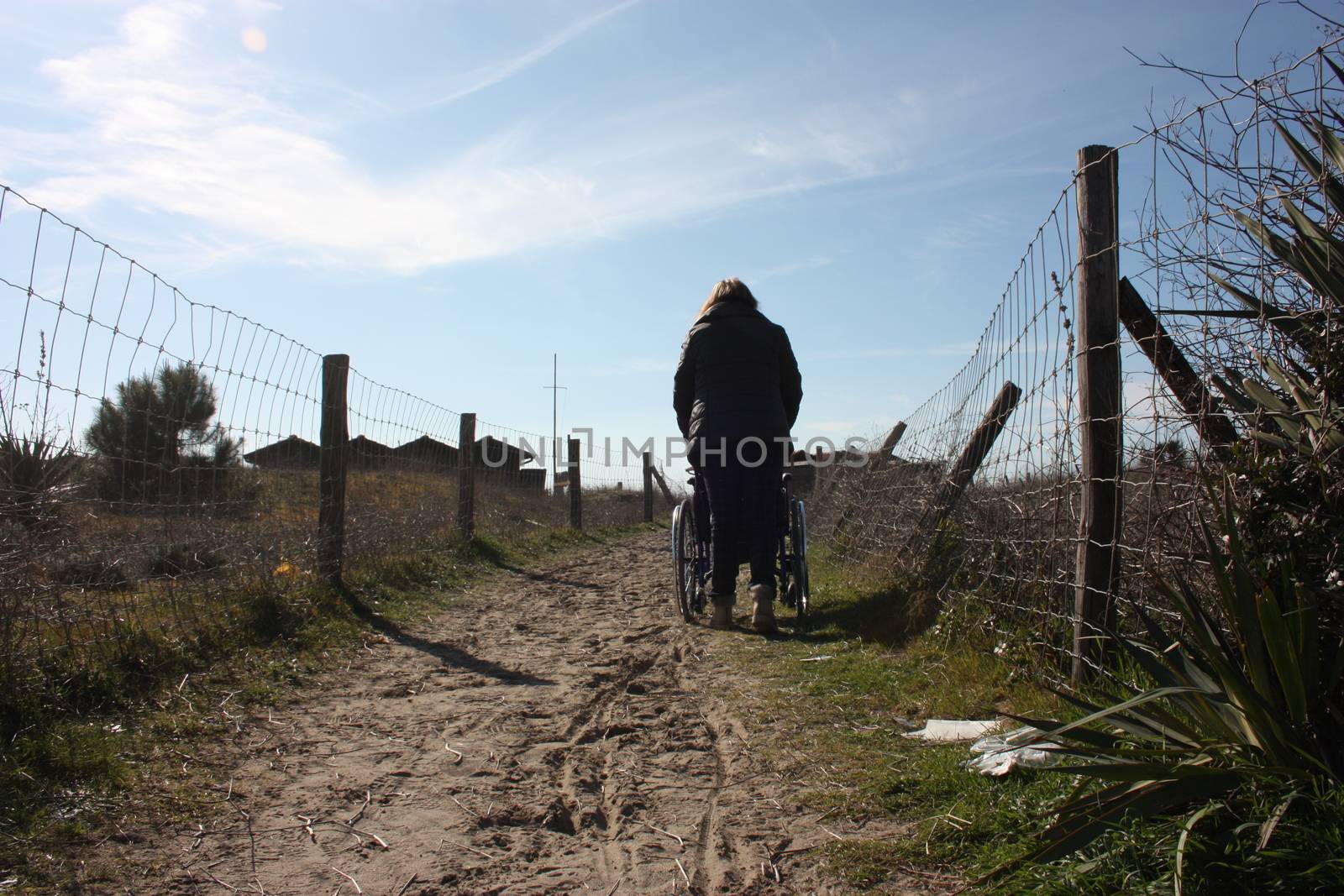 lonely person from behind who pushes a wheelchair alone along a sandy path that leads to the sea in the dunes in tuscany