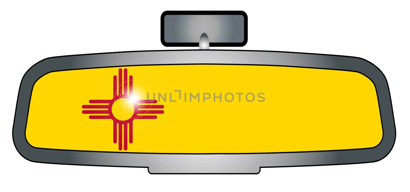 A vehicle rear view mirror with the New Mexico flag reflected