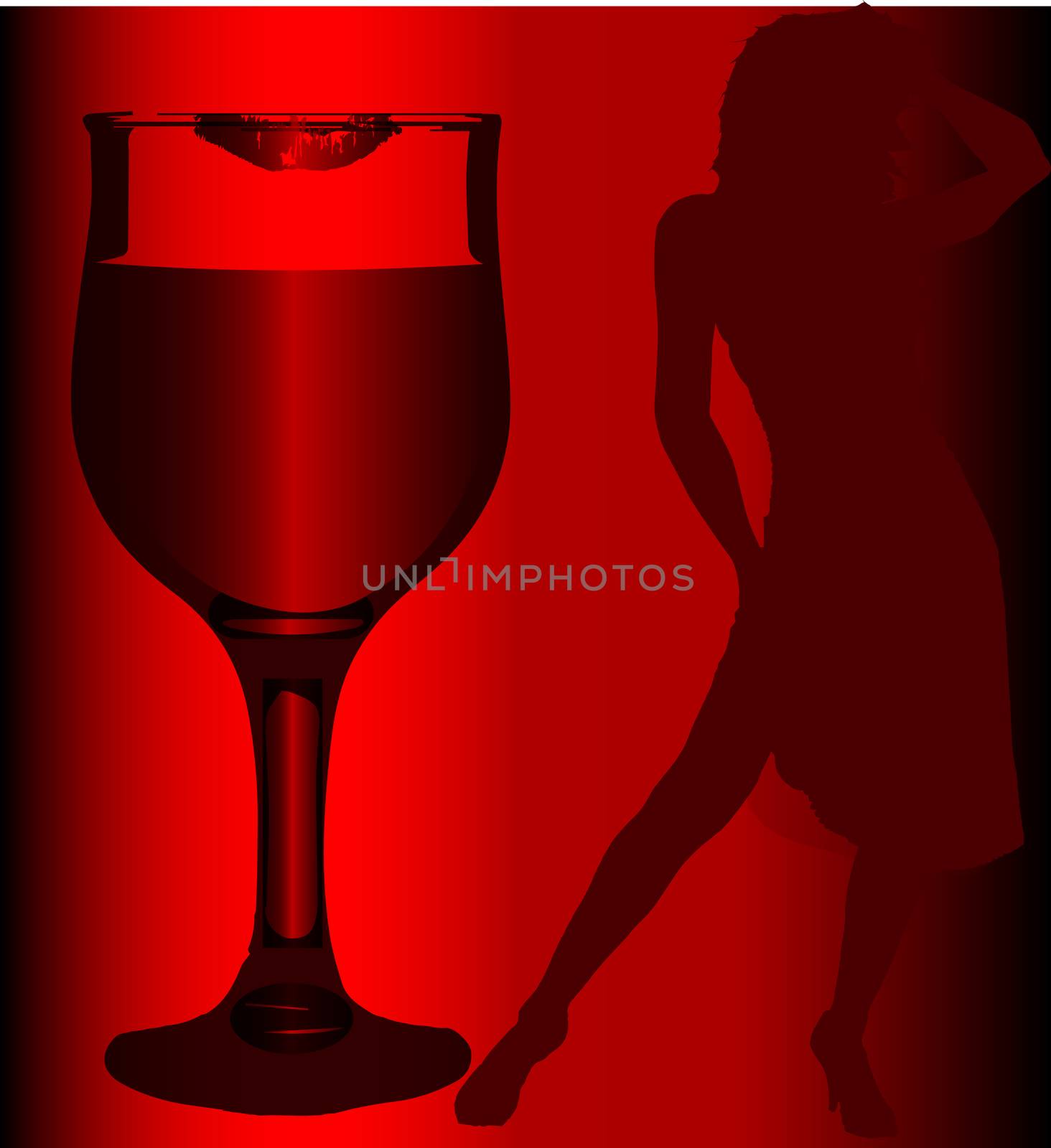 A wine glas with lipstick and a dancing girl in the shadows