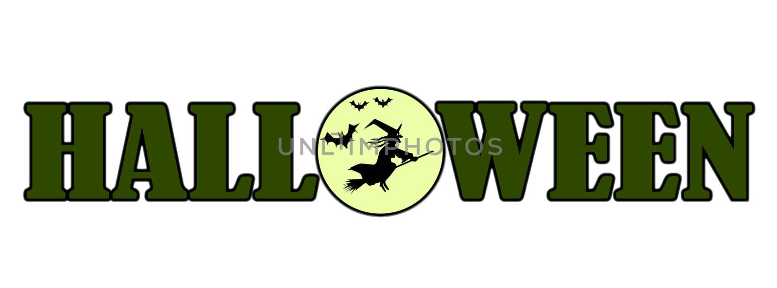 A witch and her bats flying across the full moon with the text HALLOWEEN using the moon as the middle letter