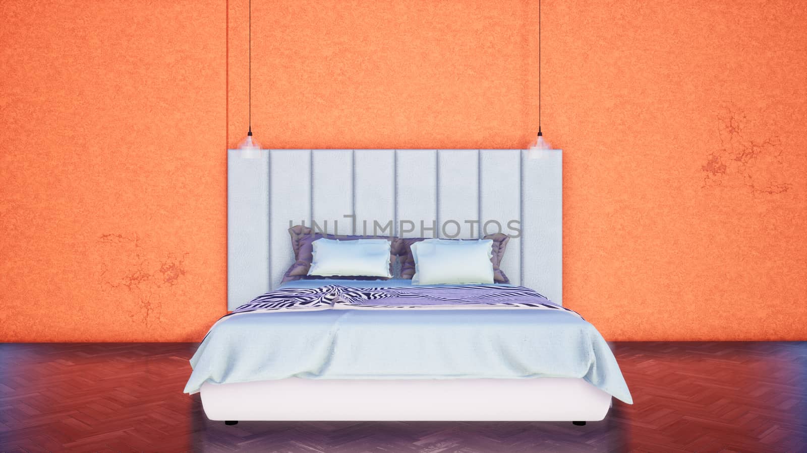 interior of modern orange bedroom with double bed, 3d rendering background