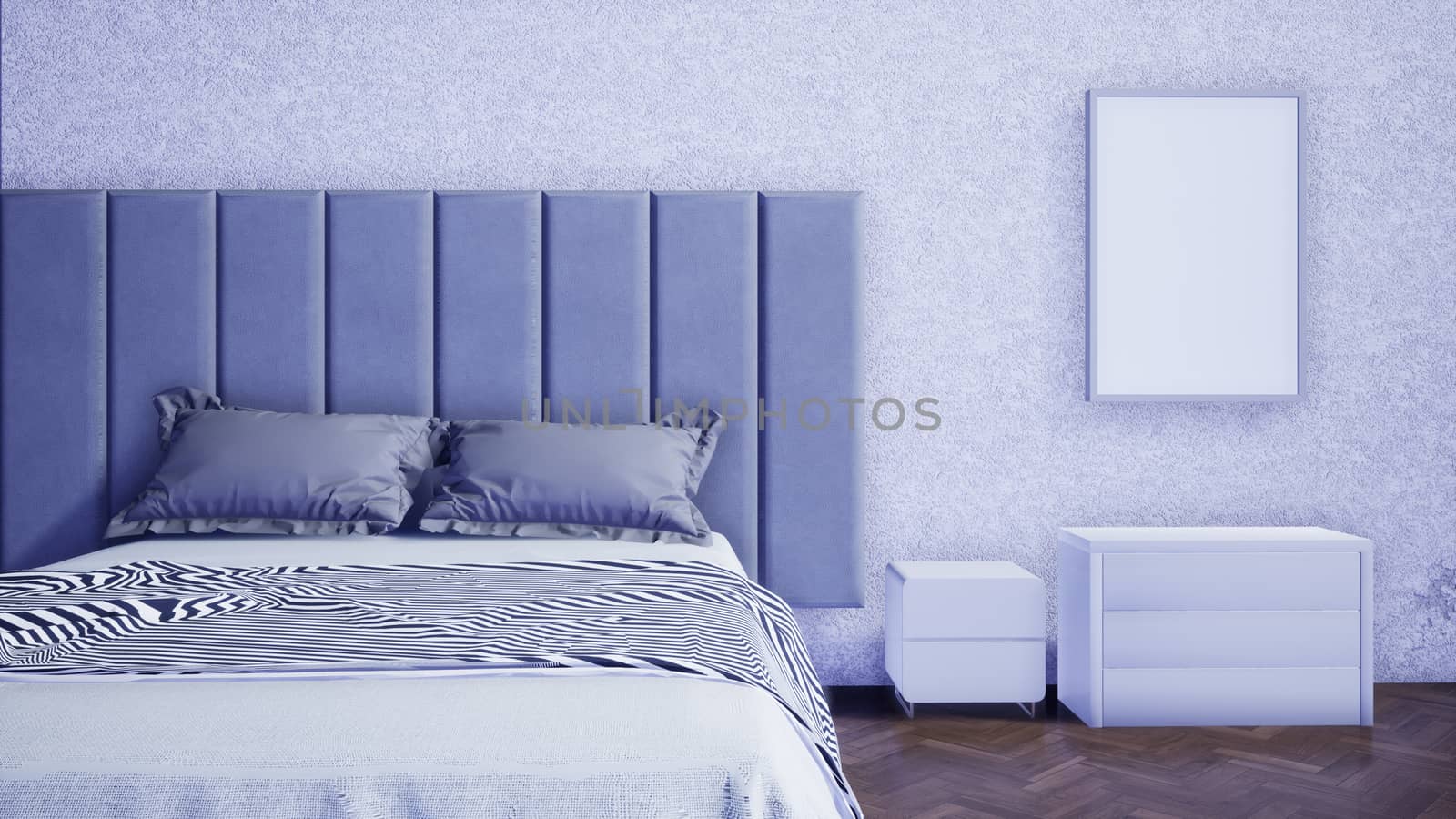 interior of modern bedroom with double bed and furniture, 3d render background