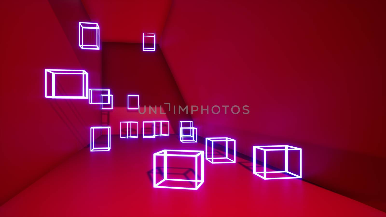 abstract red background with pink neon cubes, 3d rendering
