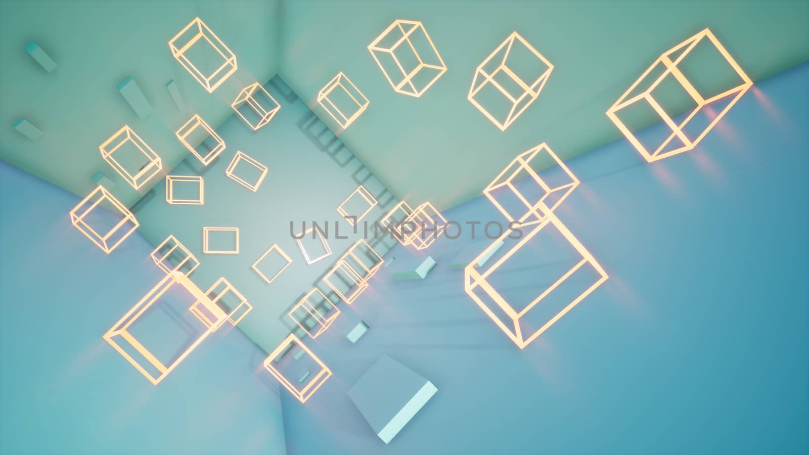 abstract blue geometric background with neon cubes, 3d render