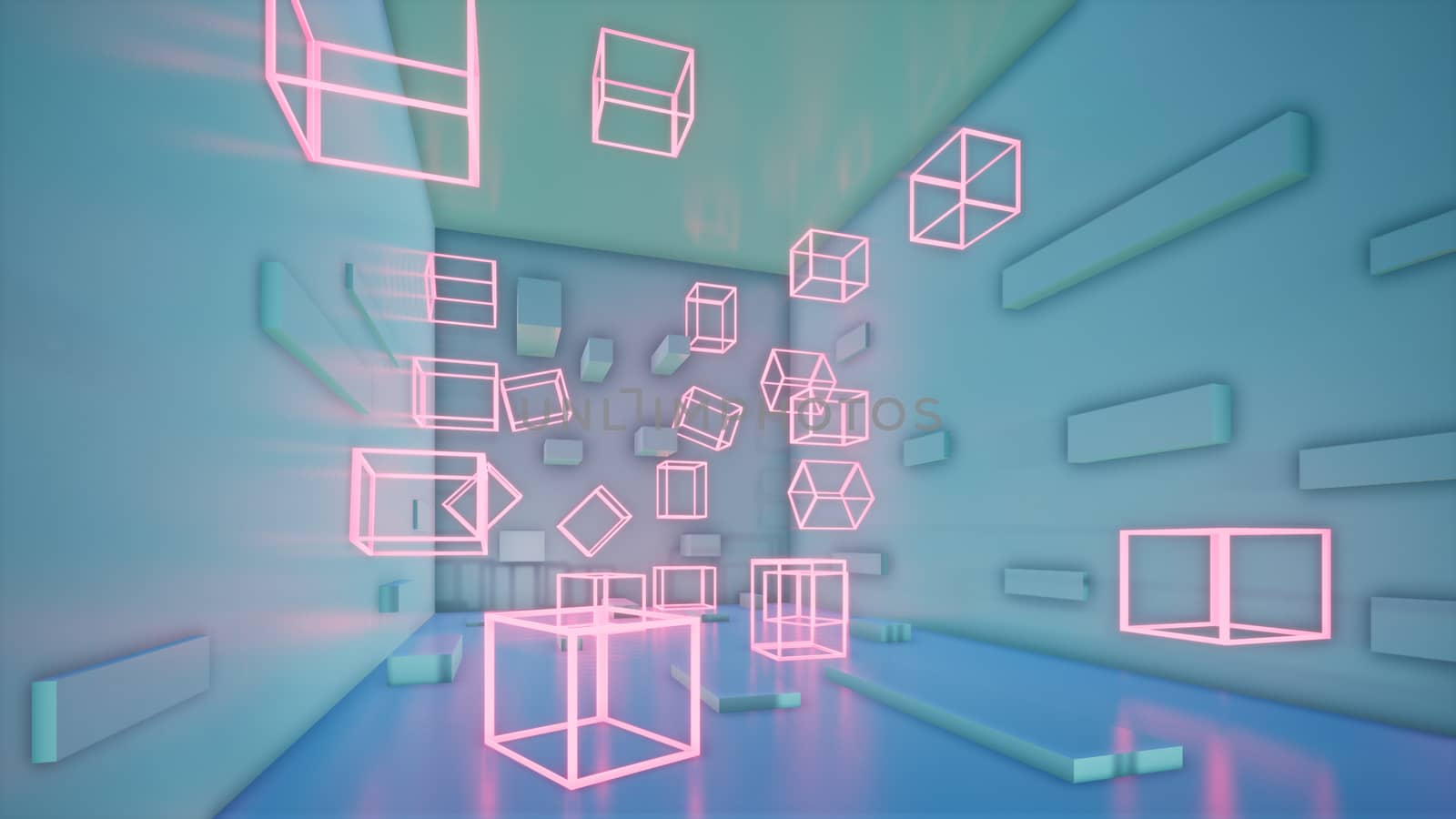 abstract blue geometric background with pink neon cubes, 3d render by CREATIVEWONDER