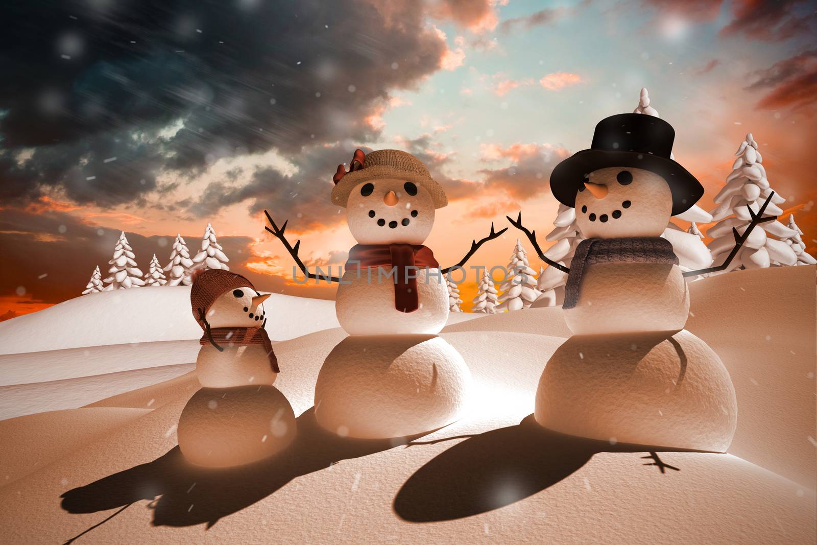 Composite image of snow family against orange and blue sky with clouds