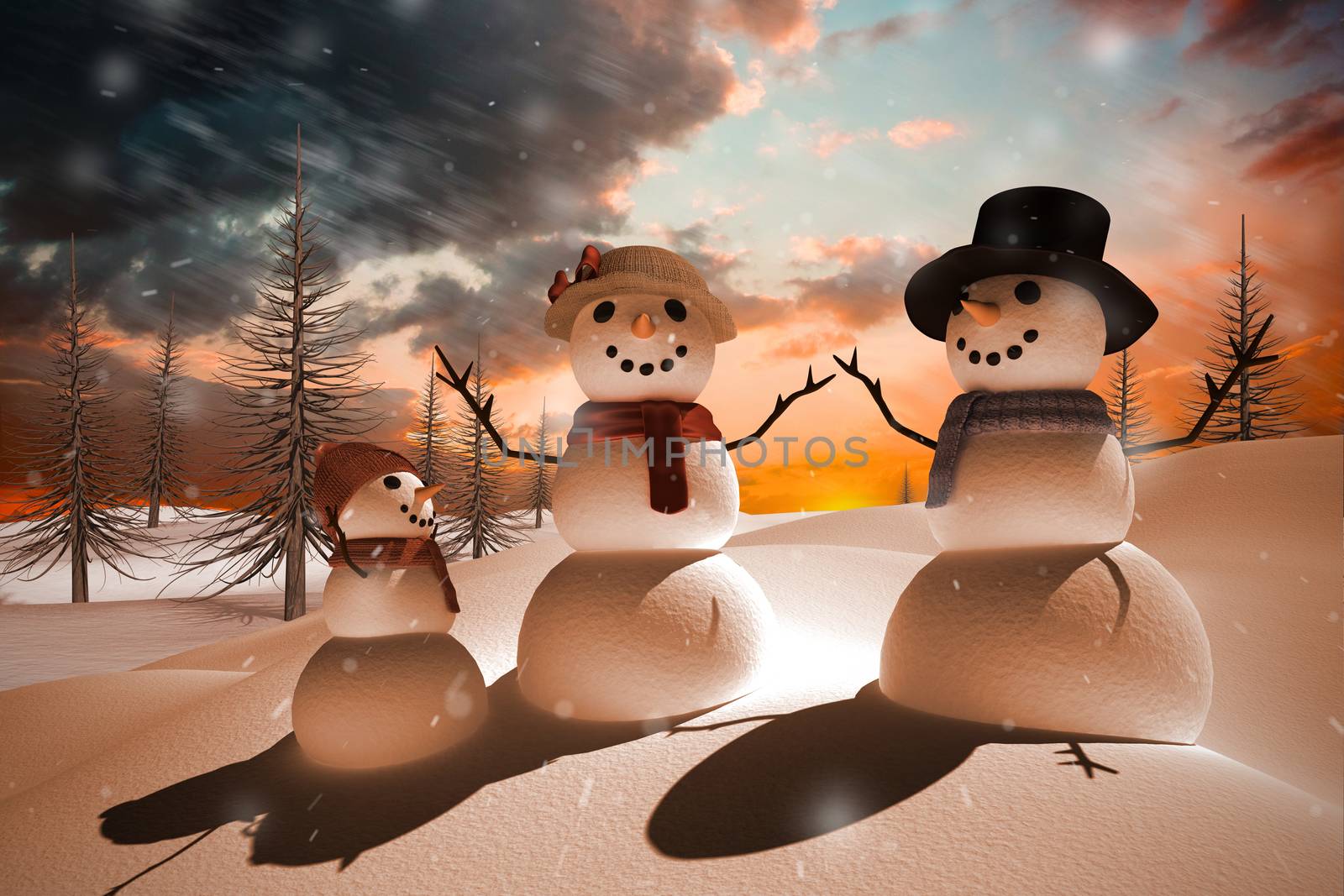 Composite image of snow family against orange and blue sky with clouds