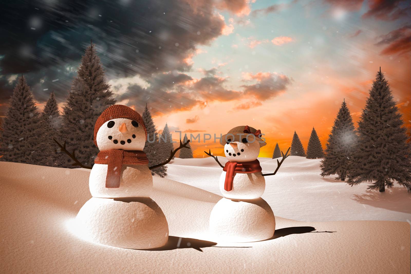 Composite image of snow family against orange and blue sky with clouds