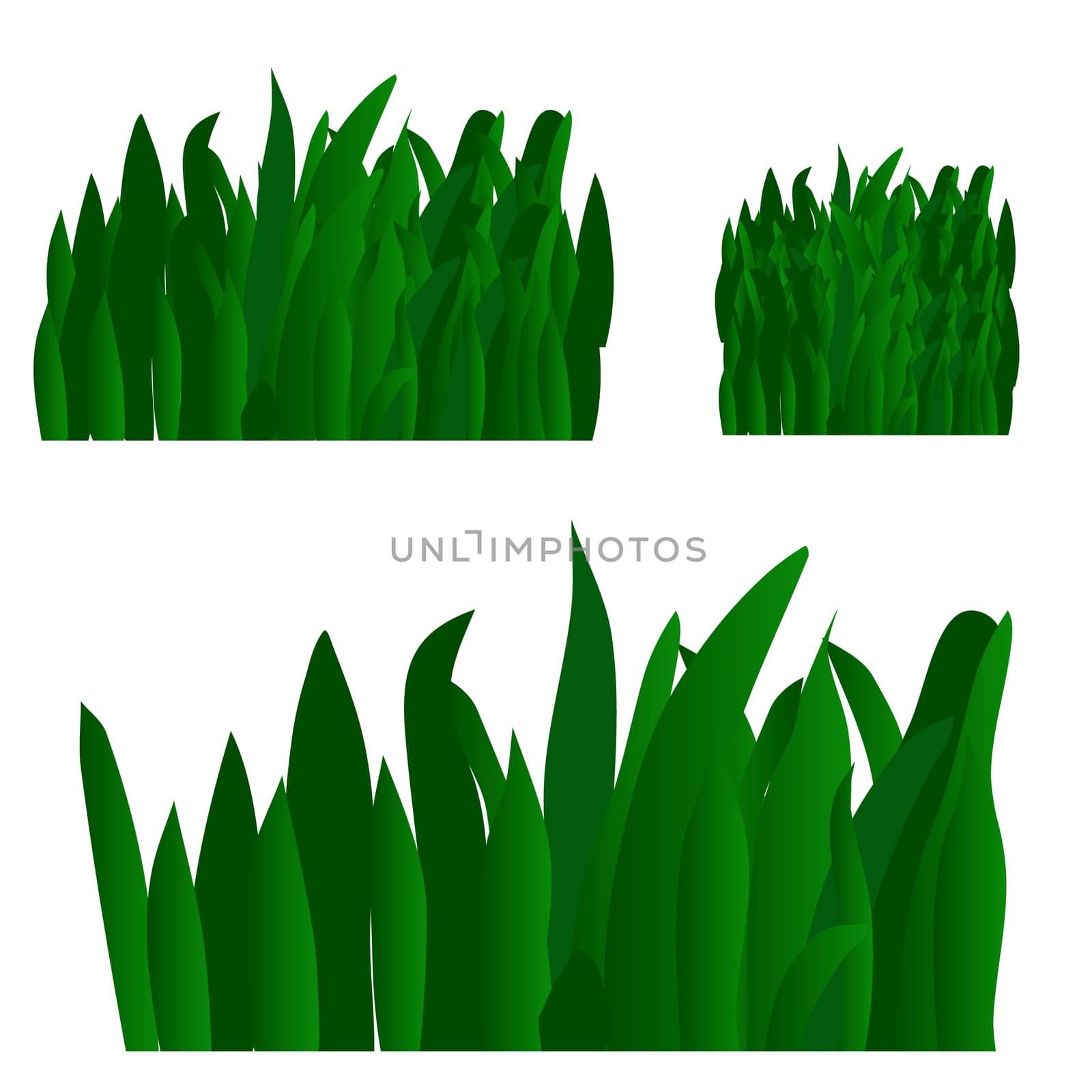 Collection of green grass banner on white background. Foliage repeat border. Vector illustration.