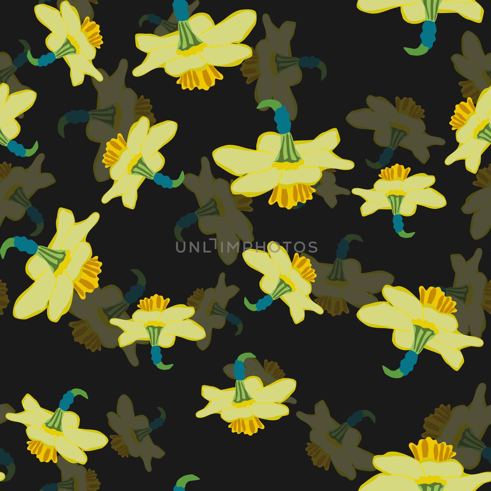 Daffodils volume effect seamless pattern on black background by Nata_Prando