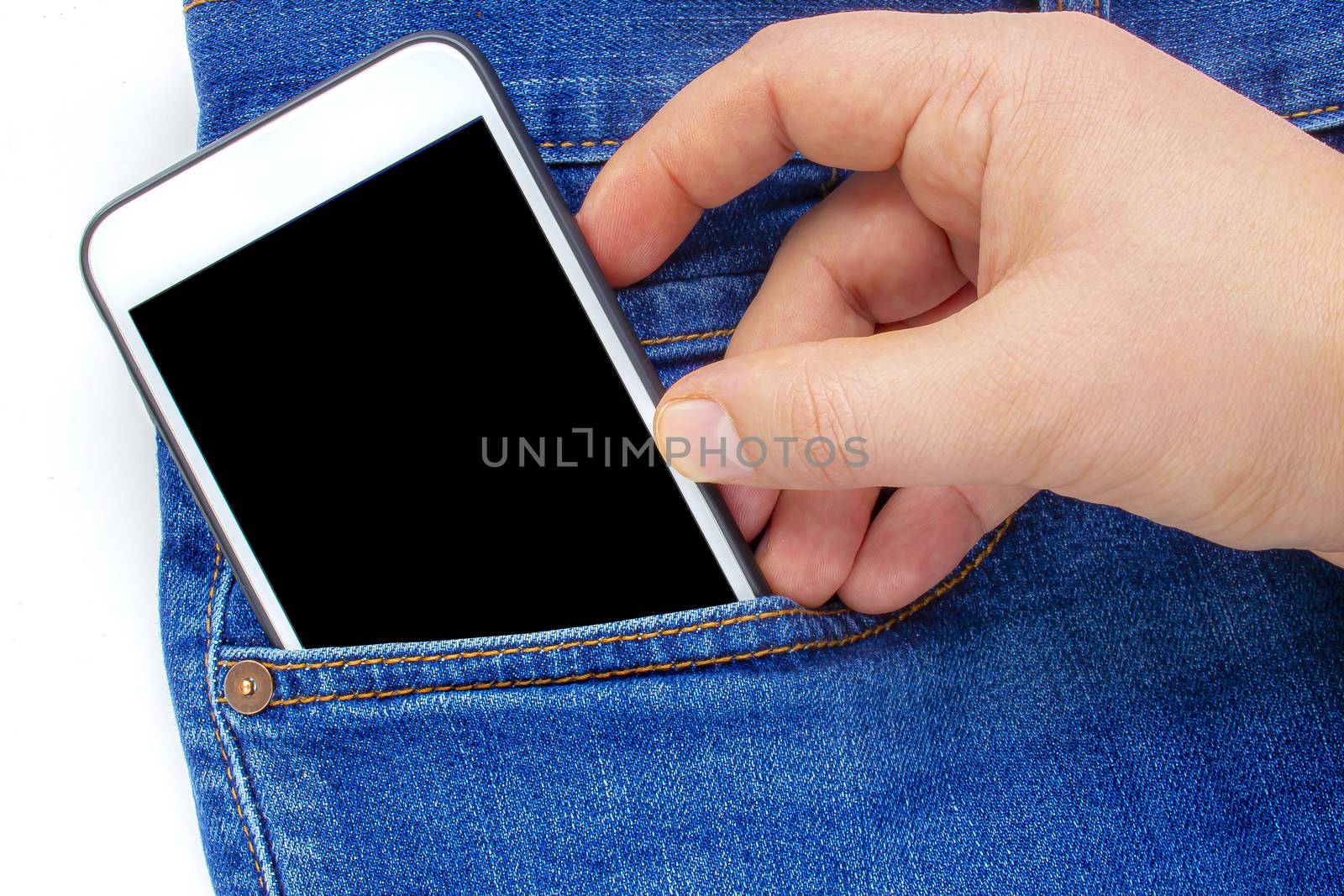 A person putting on a pocket a smart phone by oasisamuel