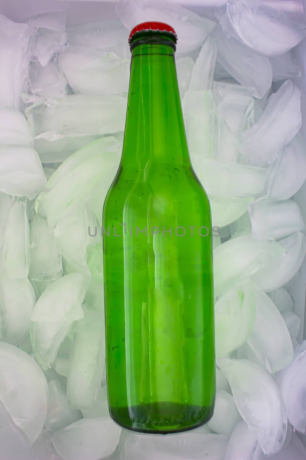 A generic green beer bottle on ice