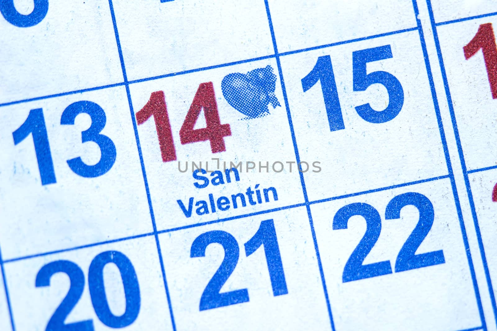 February 14 Valentine's Day on a spanish calendar