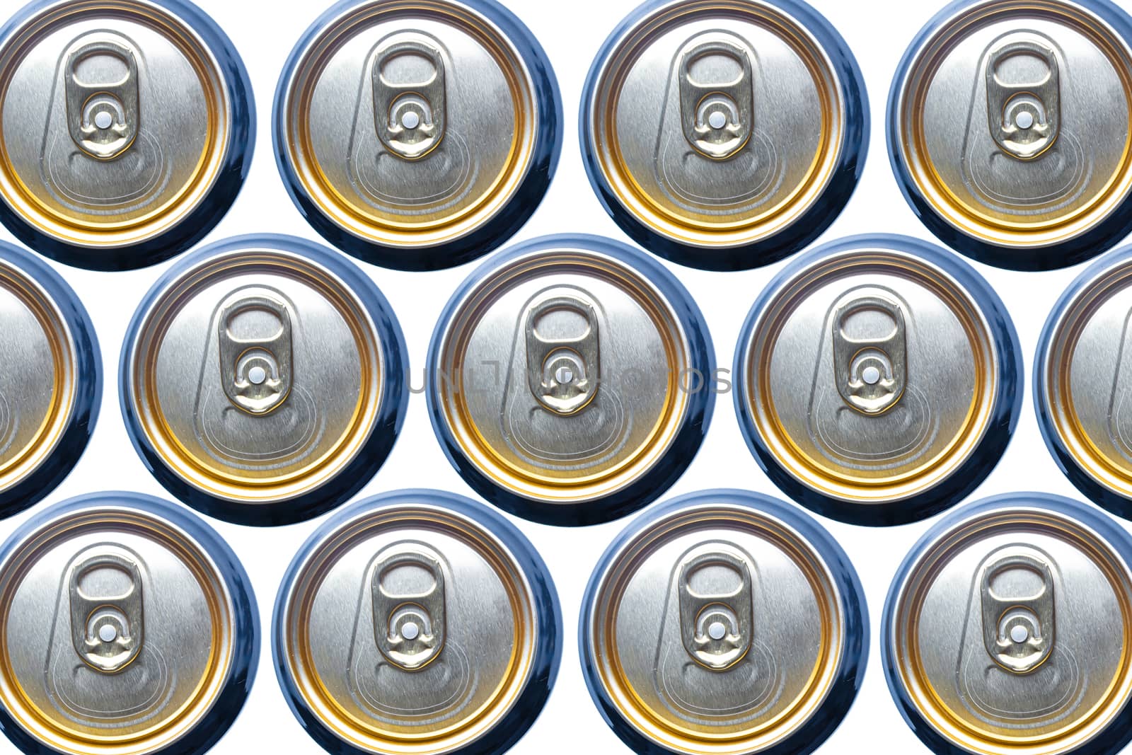 Top view of isolated recyclable gold aluminium cans carbonated drink by oasisamuel