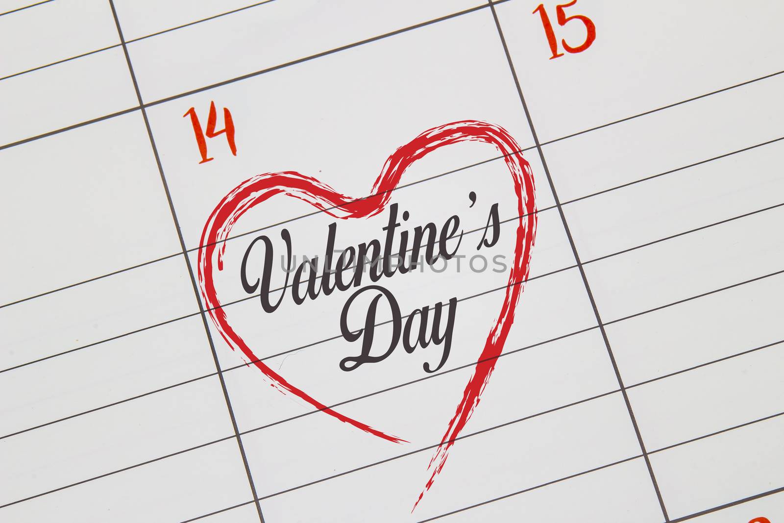 A close of a Calendar on Feb 14 with the text Valentine's Day inside of a heart by oasisamuel