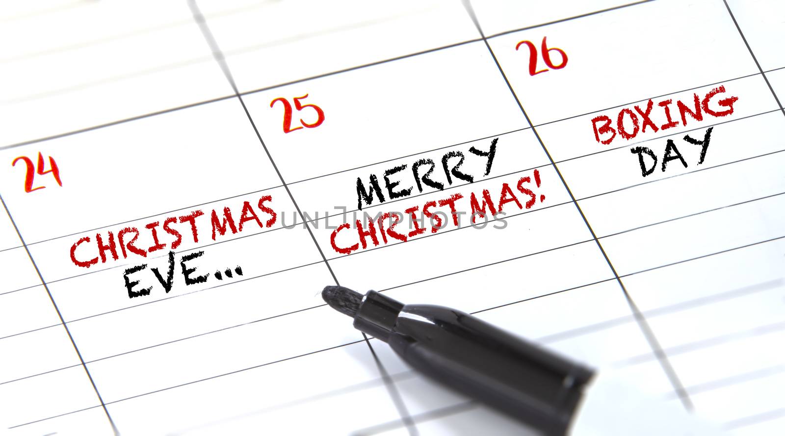 December festivities in a calendar. Christmas eve, Christmas and Boxing day.