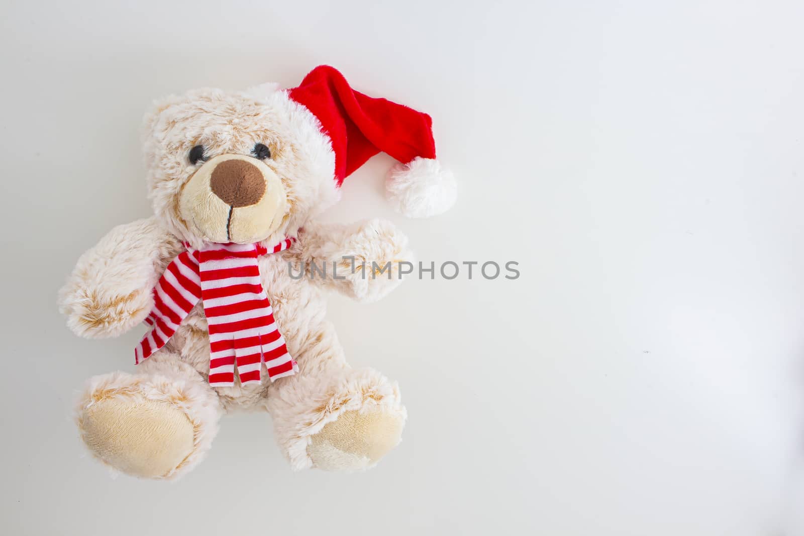 Horizontal view of a light brown teddy bear with a santa hat by oasisamuel