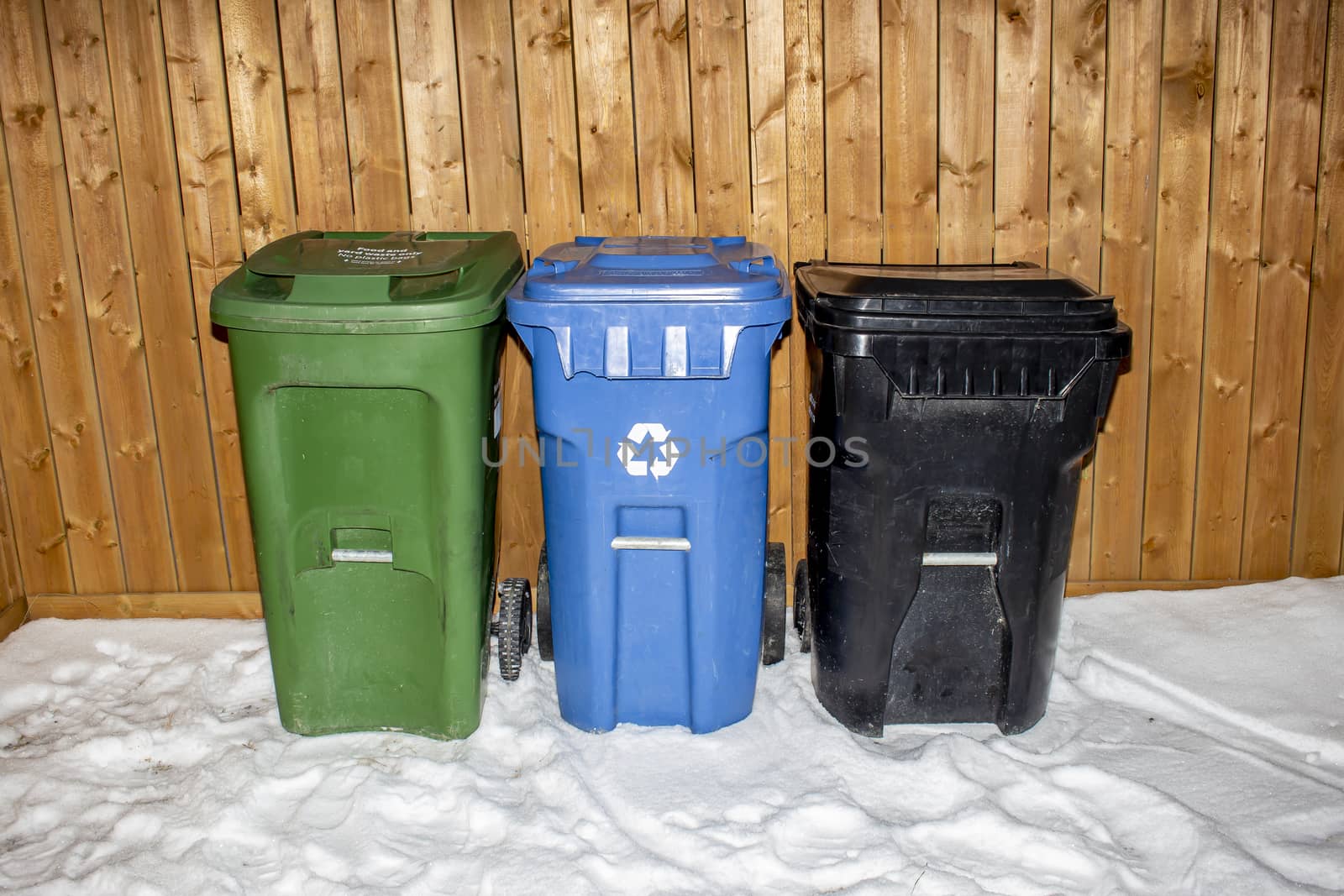 A Green cart for composting, Blue cart for recycling and a black cart for garbage sitting on a back alley during winter