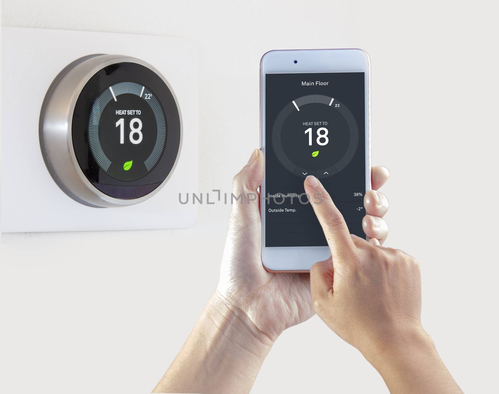 Smart Thermostat with a person saving energy with a smart device on a white background by oasisamuel