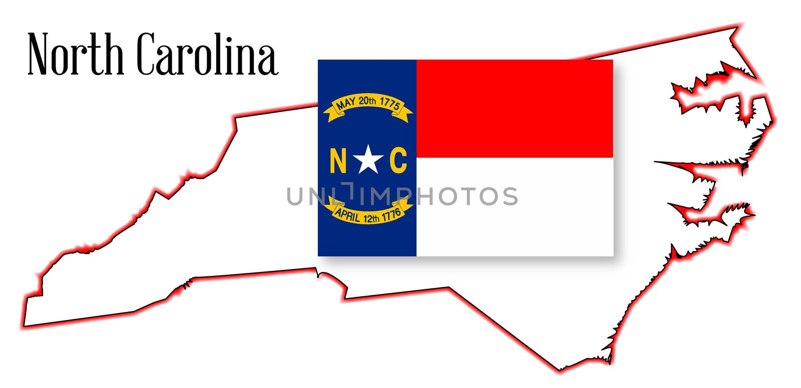 Outline map of the state of North Carolina with flag inset
