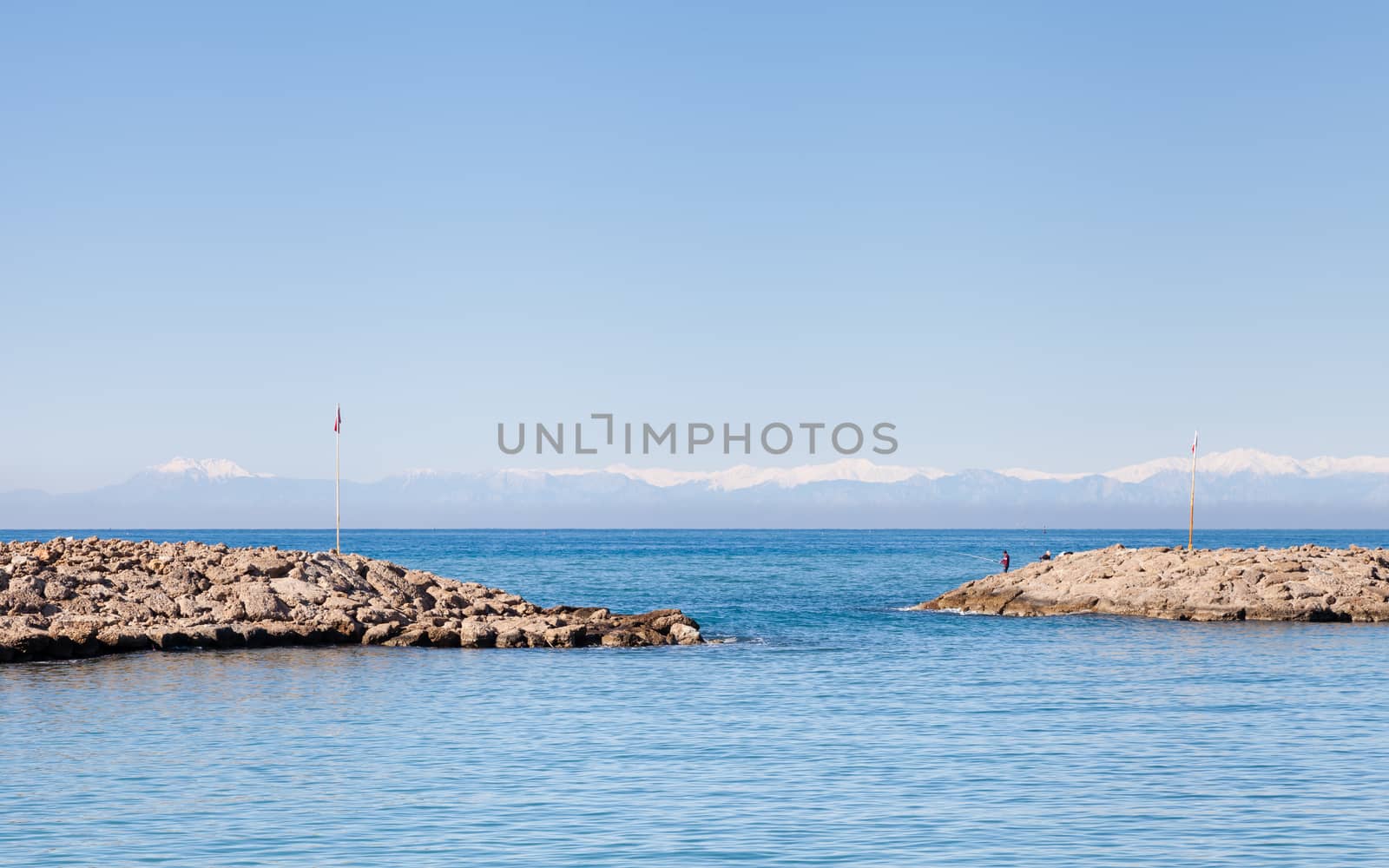 The view looking out towards the Mediterranean Sea from the harbour of the ancient Greek city of Side in southern Turkey.