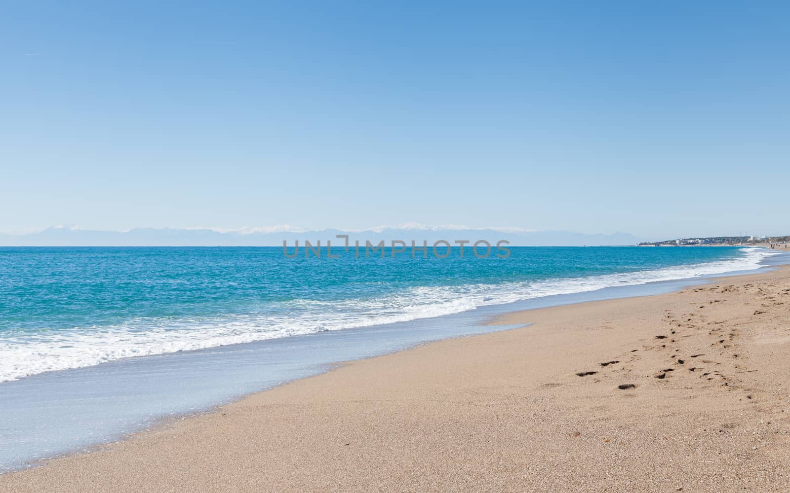 The view looking out to sea from Kleopatra Beach in southern Turkey.  The beach is close to the point where Manavgat River enters the Mediterranean Sea.