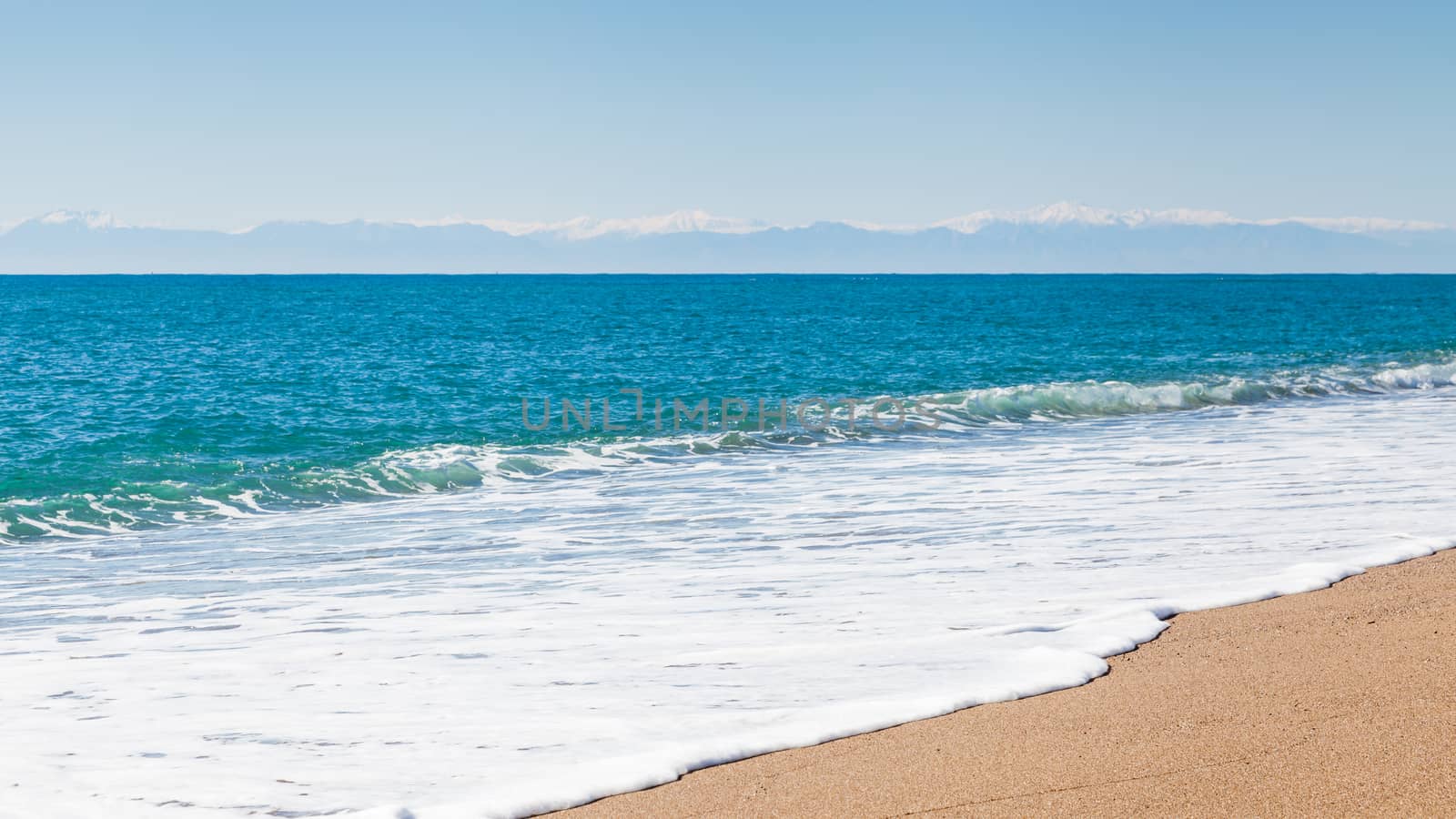 The view looking out to sea from Kleopatra Beach in southern Turkey.  The beach is close to the point where Manavgat River enters the Mediterranean Sea.