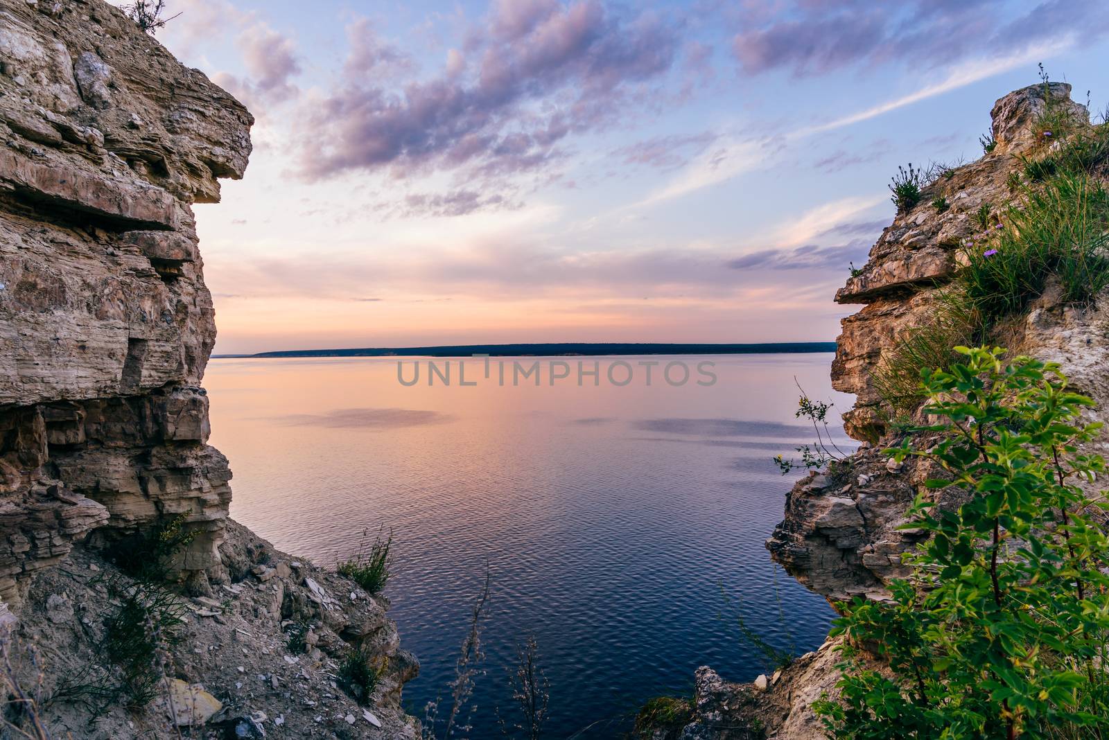 View on sunset on river through gorge