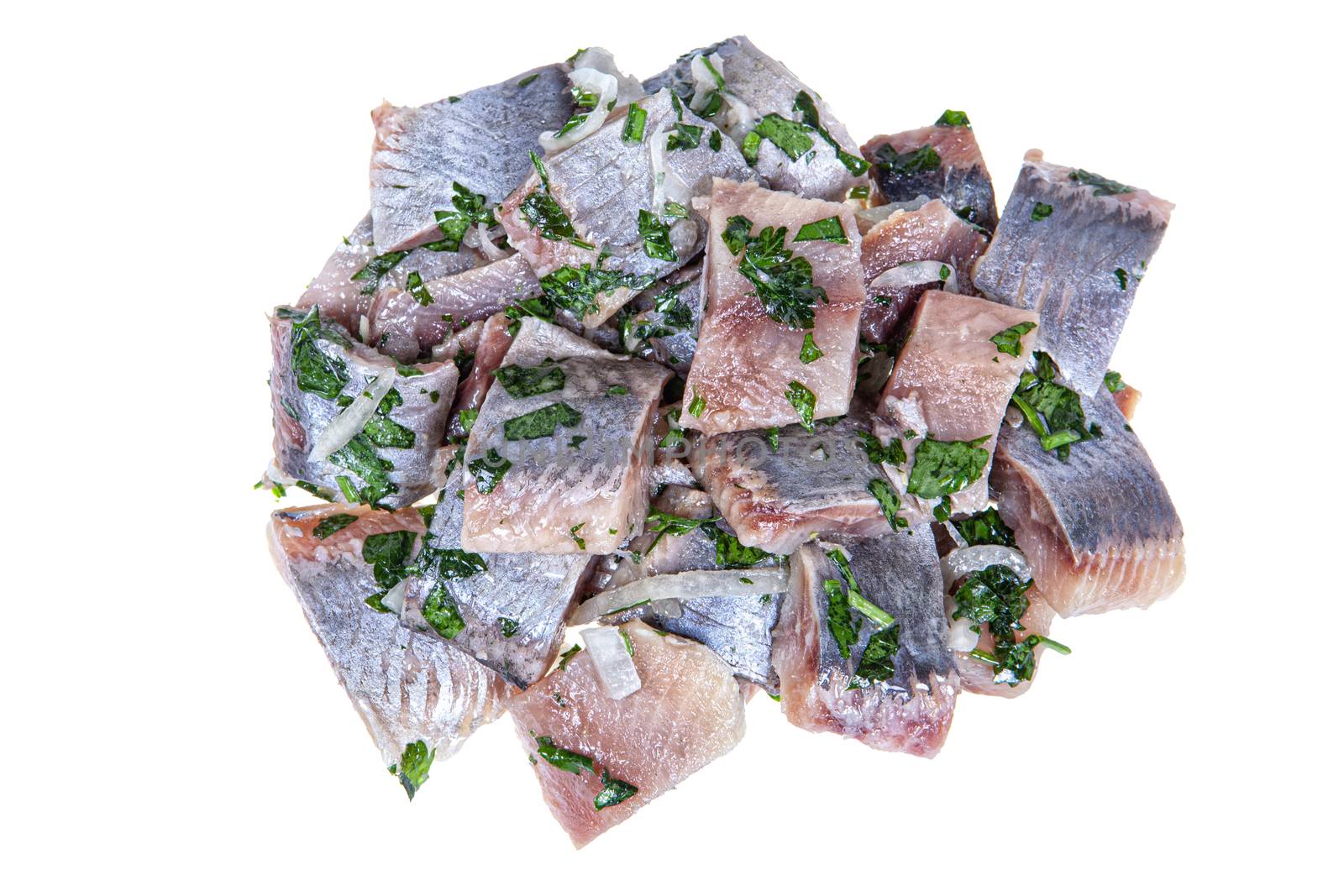Pieces of herring on an isolated studio background