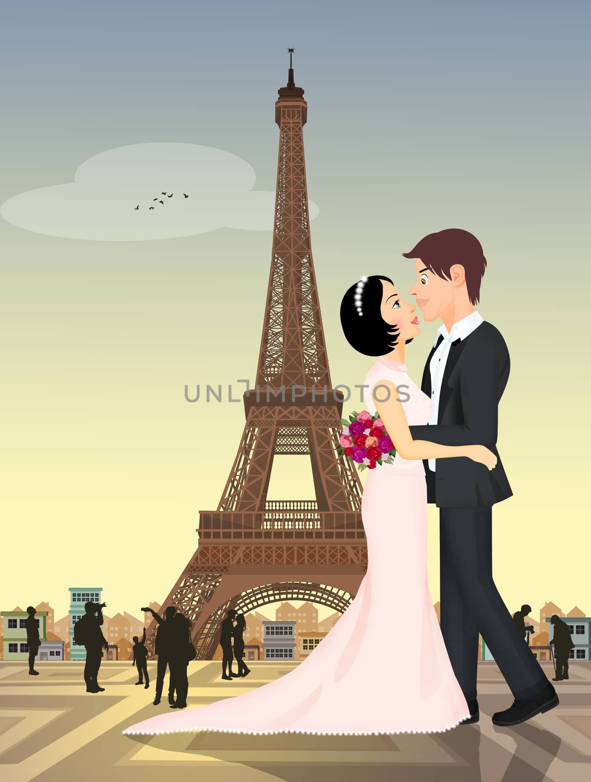 illustration of spouses kiss under the Eiffel tour