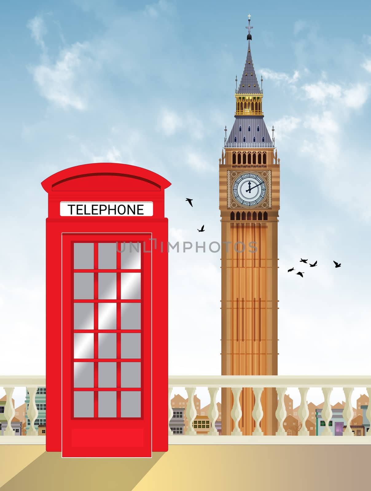 illustration of the red telephone box and the big bang in London