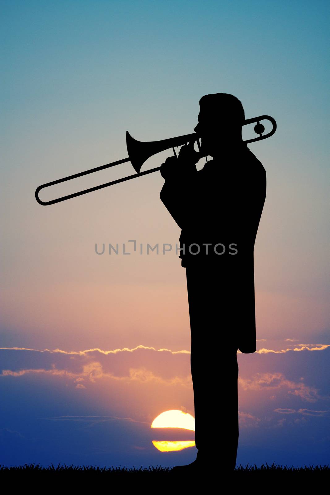 illustration of man plays the trumpet at sunset