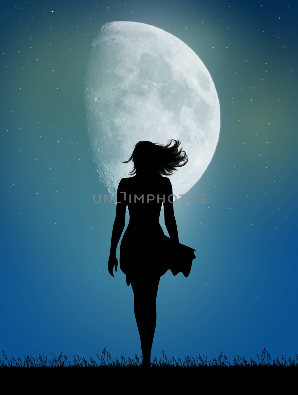 illustration of woman walks in the moonlight