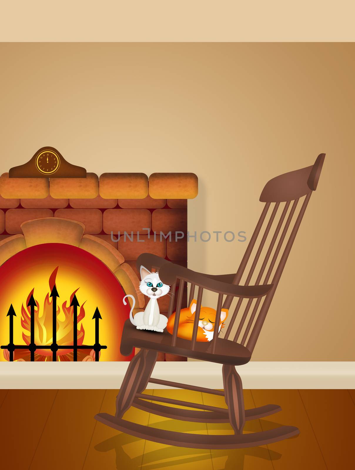 illustration of rocking chair in front of the fireplace