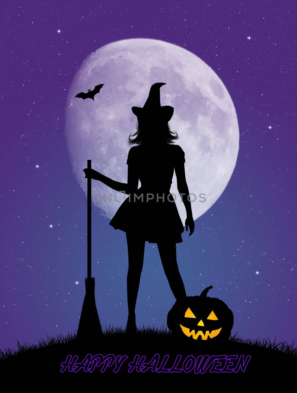 illustration of Halloween postcard with witch in the moonlight